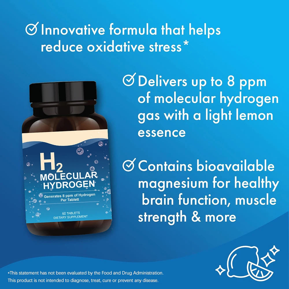 H2 Molecular Hydrogen 60 Tablets - Supports Healthy Aging, Cellular Energy & Brain Health - with Elemental Magnesium - GMO-Free
